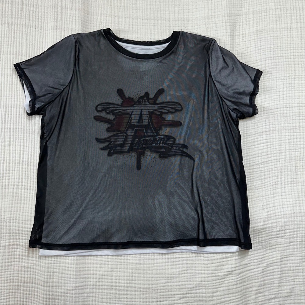 Aerosmith Double Layer Mesh Graphic Tee Black White Womens XL Rock Band Shirt